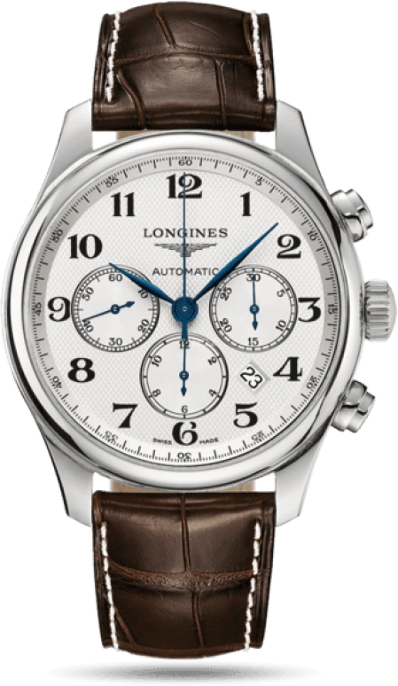 Longines,Master 44mm,44mm,Stainless Steel,Silver,Automatic,Chronograph,Moonphase,Date,Column Wheel,54hours,In-house Caliber,L2,L2.859.4.78.3