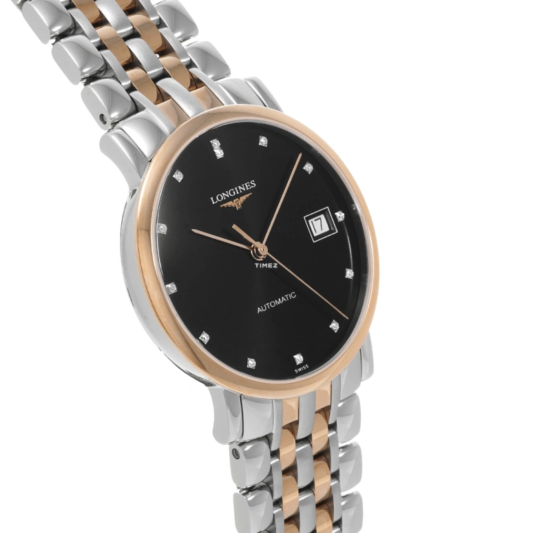 Longines,Elegant 34.50mm,34.50mm,Red Gold,Stainless Steel,Black,Automatic,Day,65hours,L4,L4.809.5.57.7