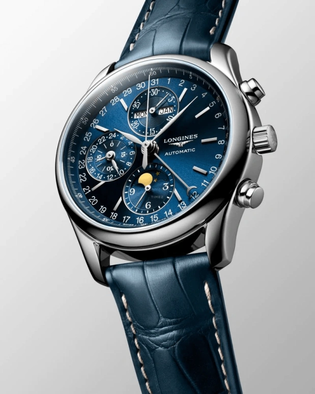 Longines,Master 40mm,40mm,Stainless Steel,Blue,Automatic,Chronograph,Moonphase,Month,Date,66hours,In-house Caliber,L2,L2.673.4.92.0