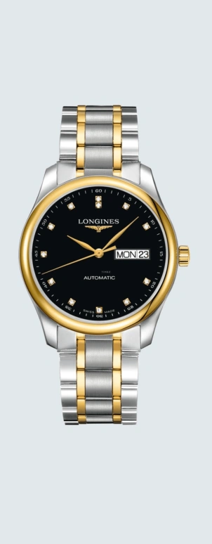 Longines,Master 38.50mm,38.50mm,Yellow Gold,Stainless Steel,Black,Automatic,Date,Day,L2,L2.755.5.57.7