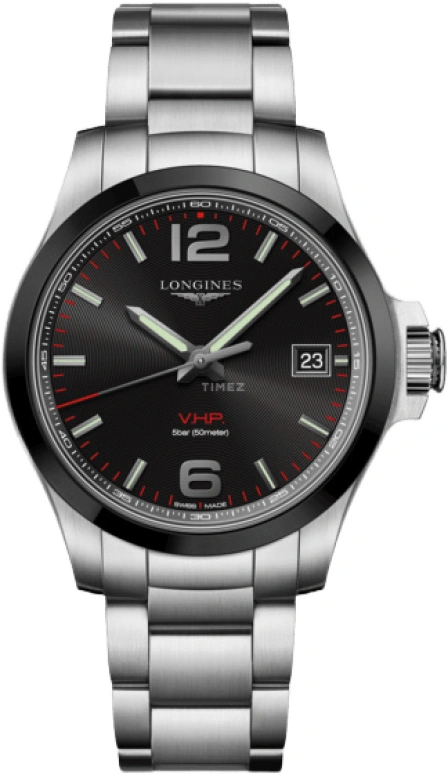 Longines,Conquest V.H.P. 41mm,41mm,Ceramic,Stainless Steel,Black,Quartz,Date,In-house Caliber,L3,L3.719.4.56.6
