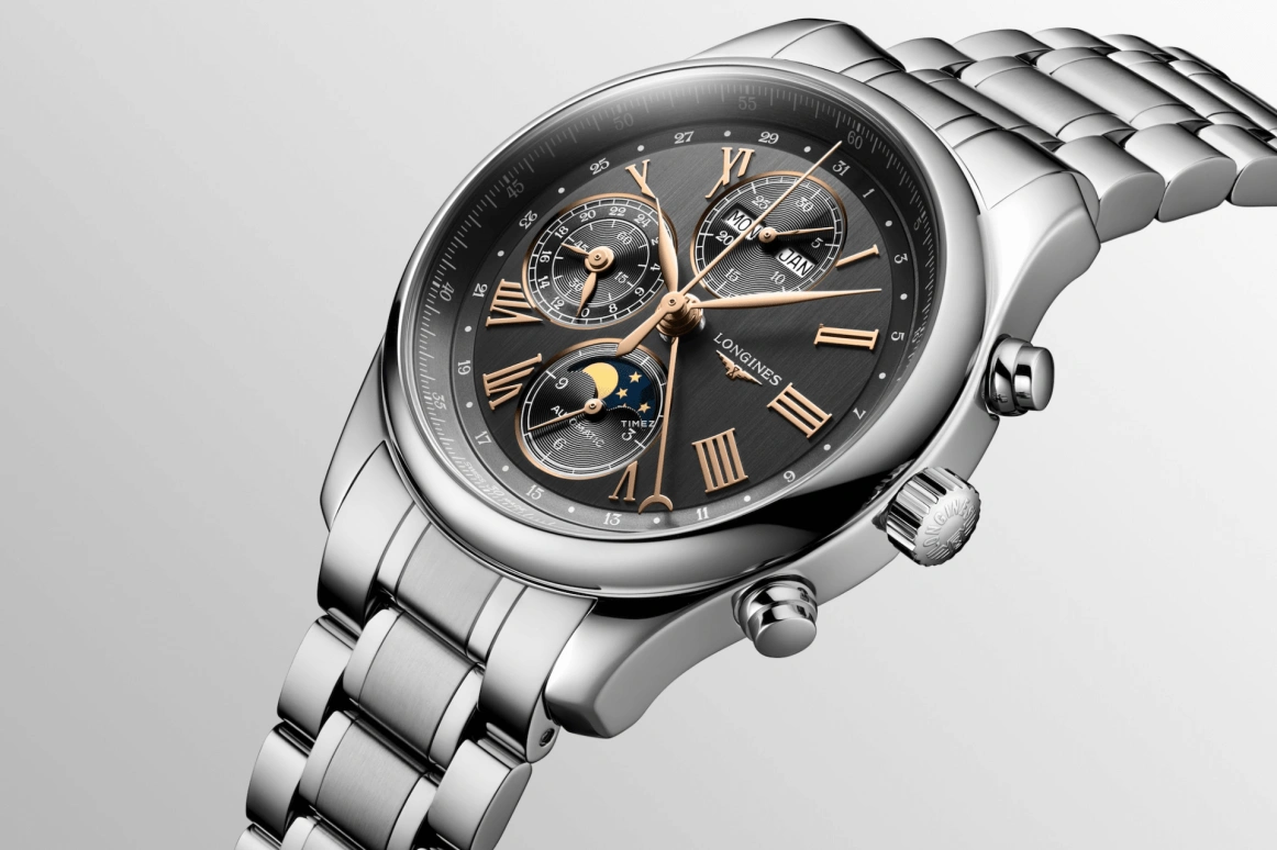 Longines,Master 42mm,42mm,Stainless Steel,Black,Automatic,Chronograph,Moonphase,Month,Date,54hours,In-house Caliber,L2,L2.773.4.61.6