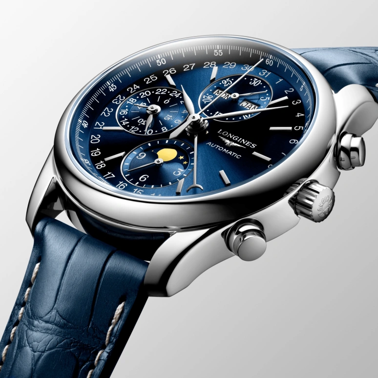 Longines,Master 40mm,40mm,Stainless Steel,Blue,Automatic,Chronograph,Moonphase,Month,Date,66hours,In-house Caliber,L2,L2.673.4.92.0