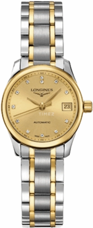 Longines,Master 25.50mm,25.50mm,Yellow Gold,Stainless Steel,Champagne,Automatic,Date,40hours,L2,L2.128.5.37.7
