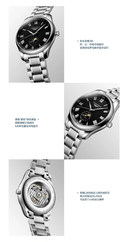Longines,Master 42mm,42mm,Stainless Steel,Black,Automatic,Moonphase,Date,L2,L2.919.4.51.6
