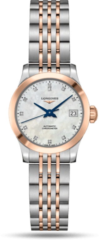 Longines,Record 26mm,26mm,Pink Gold,Stainless Steel,White,Automatic,Date,40hours,L2,L2.320.5.87.7