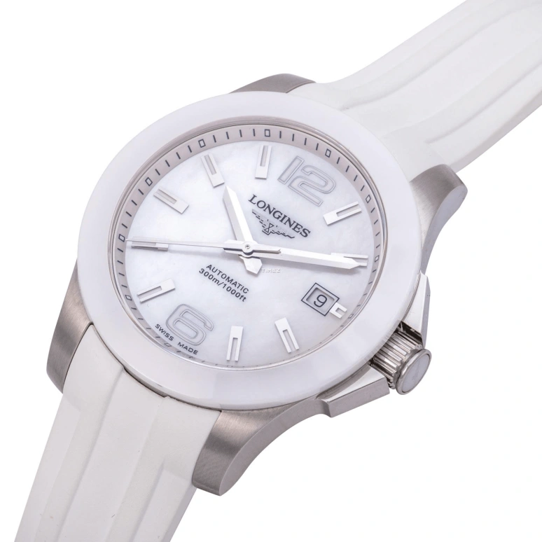 Longines,Conquest 39mm,39mm,Ceramic,Stainless Steel,White,Automatic,Day,38hours,L3,L3.655.4.86.2