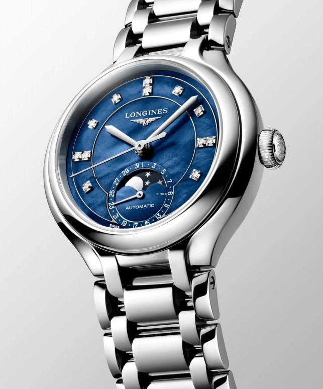 Longines,PrimaLuna 34mm,34mm,Stainless Steel,Blue,Automatic,Moonphase,Day,L8,L8.126.4.97.6