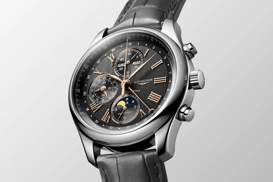 Longines,Master 42mm,42mm,Stainless Steel,Black,Automatic,Chronograph,Moonphase,Month,Date,54hours,In-house Caliber,L2,L2.773.4.61.2