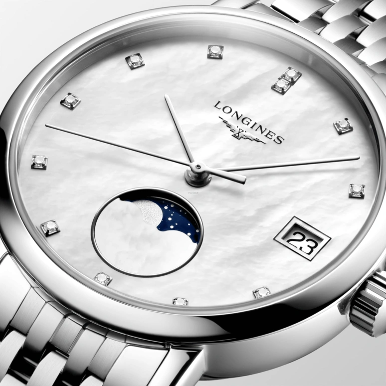 Longines,Elegant 30mm,30mm,Stainless Steel,White,Quartz,Moonphase,Day,L4,L4.330.4.87.6
