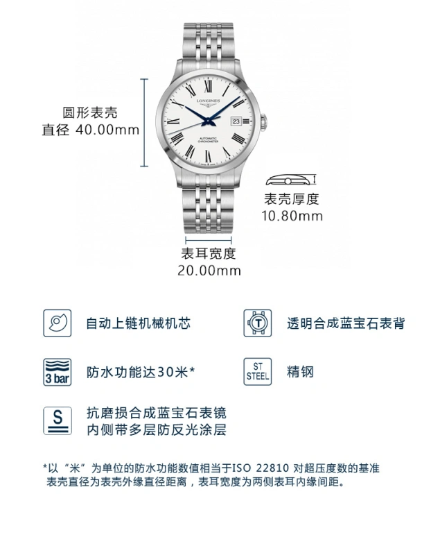 Longines,Record 40mm,40mm,Stainless Steel,White,Automatic,Date,64hours,L2,L2.821.4.11.6