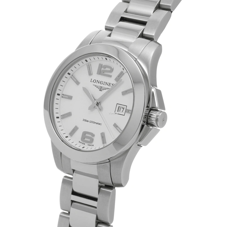 Longines,Conquest 29.50mm,29.50mm,Stainless Steel,White,Quartz,Day,26280hours,L3,L3.376.4.16.6