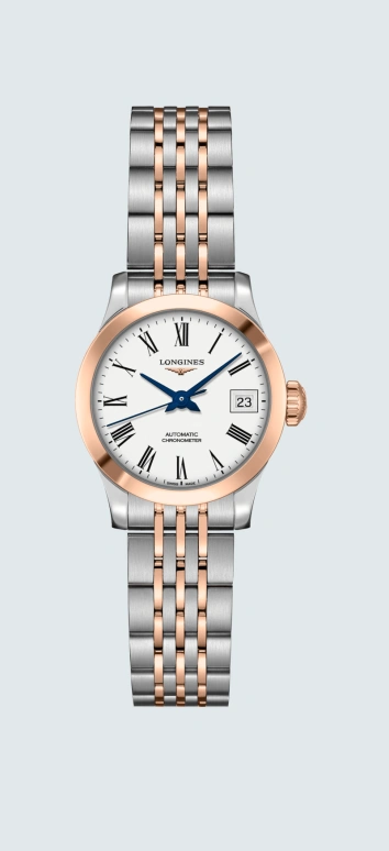 Longines,Record 26mm,26mm,Pink Gold,Stainless Steel,White,Automatic,Date,40hours,L2,L2.320.5.11.7