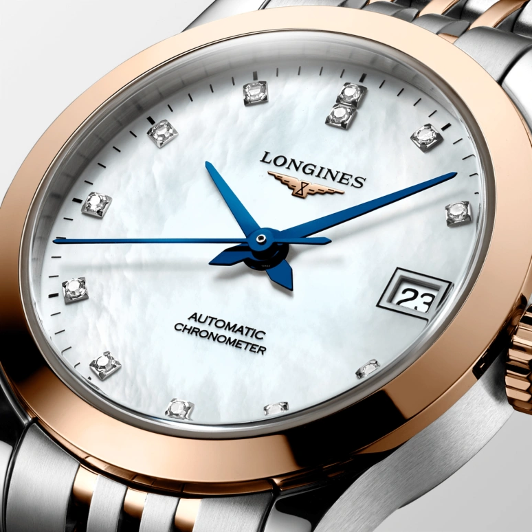 Longines,Record 26mm,26mm,Pink Gold,Stainless Steel,White,Automatic,Date,40hours,L2,L2.320.5.87.7