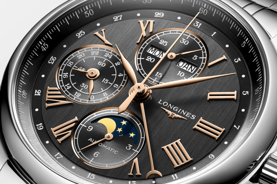 Longines,Master 42mm,42mm,Stainless Steel,Black,Automatic,Chronograph,Moonphase,Month,Date,54hours,In-house Caliber,L2,L2.773.4.61.6