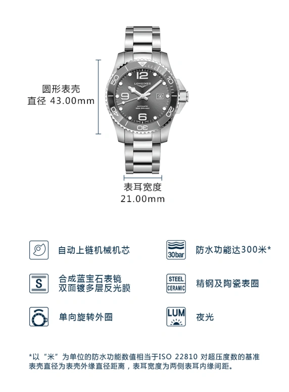 Longines,HydroConquest 43mm,43mm,Stainless Steel,Grey,Automatic,Date,65hours,L3,L3.782.4.76.6