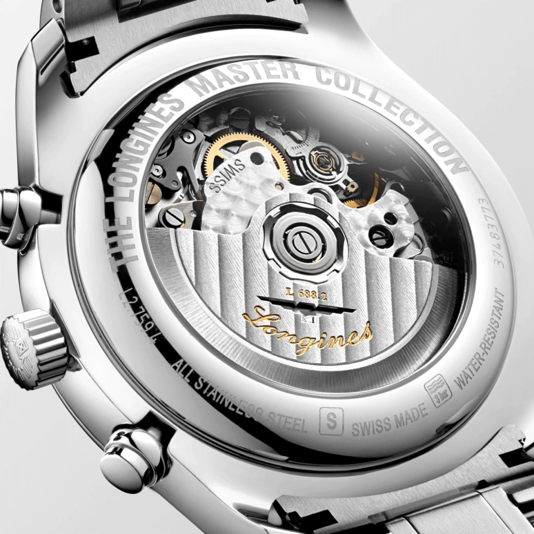 Longines,Master 42mm,42mm,Stainless Steel,Silver,Automatic,Chronograph,Moonphase,Date,Column Wheel,54hours,In-house Caliber,L2,L2.759.4.78.6