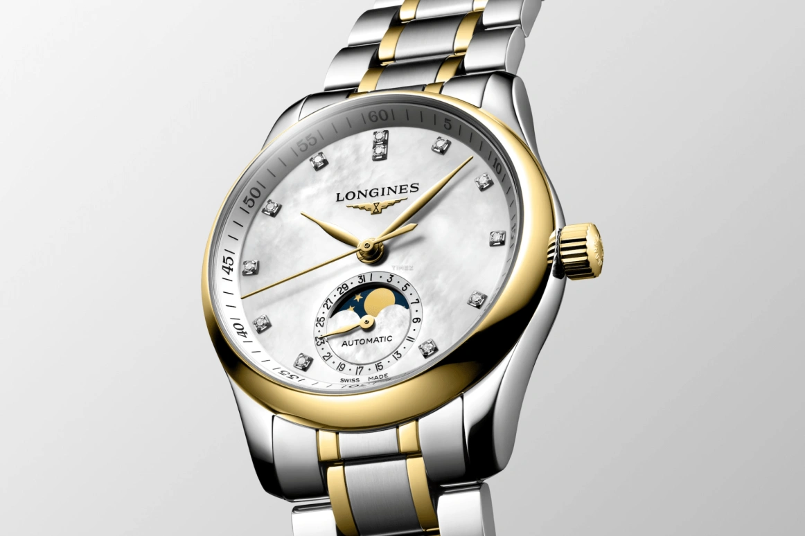 Longines,Master 34mm,34mm,Stainless Steel,Yellow Gold,White,Automatic,Moonphase,Day,L2,L2.409.5.87.7