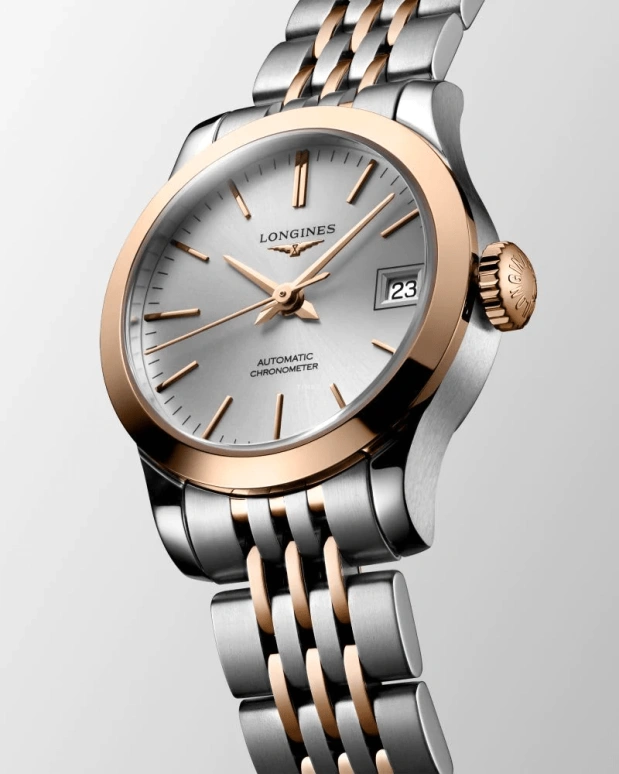 Longines,Record 26mm,26mm,Pink Gold,Stainless Steel,Silver,Automatic,Date,40hours,L2,L2.320.5.72.7