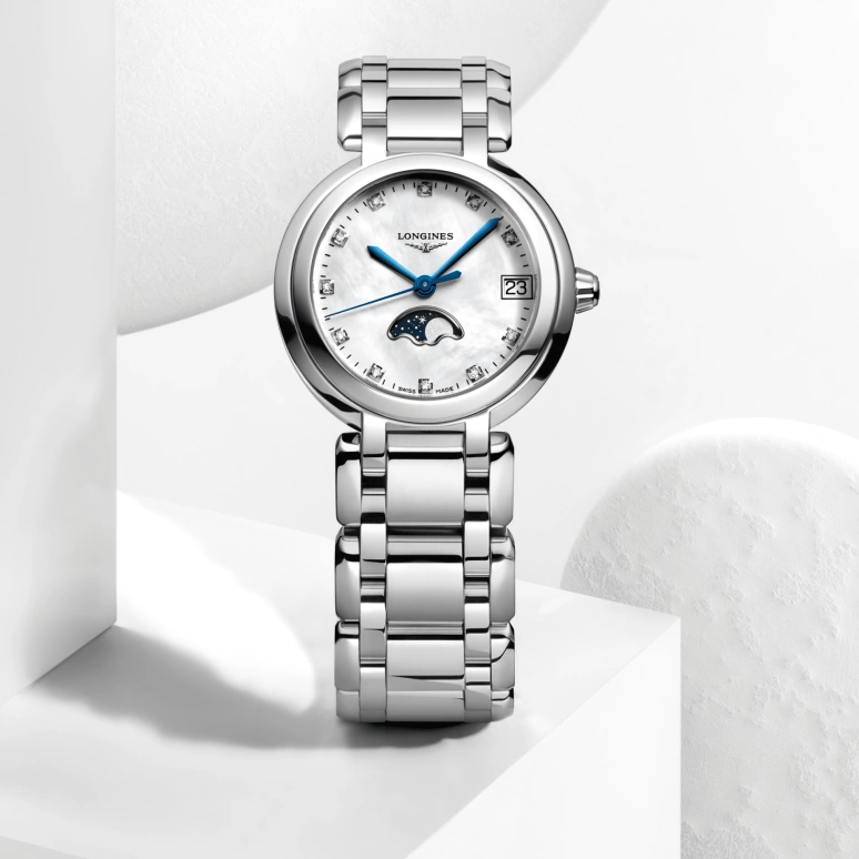 Longines,PrimaLuna 30.50mm,30.50mm,Stainless Steel,White,Quartz,Moonphase,Date,L8,L8.115.4.87.6