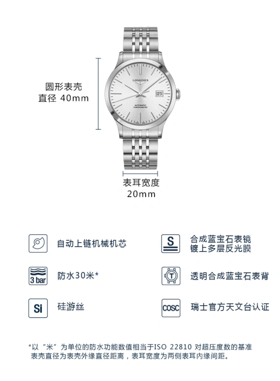 Longines,Record 40mm,40mm,Stainless Steel,Silver,Automatic,Date,40hours,L2,L2.821.4.72.6