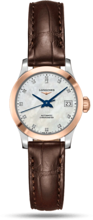 Longines,Record 26mm,26mm,Pink Gold,Stainless Steel,White,Automatic,Date,40hours,L2,L2.320.5.87.2
