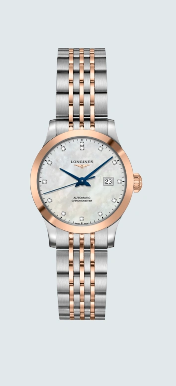 Longines,Record 30mm,30mm,Pink Gold,Stainless Steel,White,Automatic,Date,40hours,L2,L2.321.5.87.7