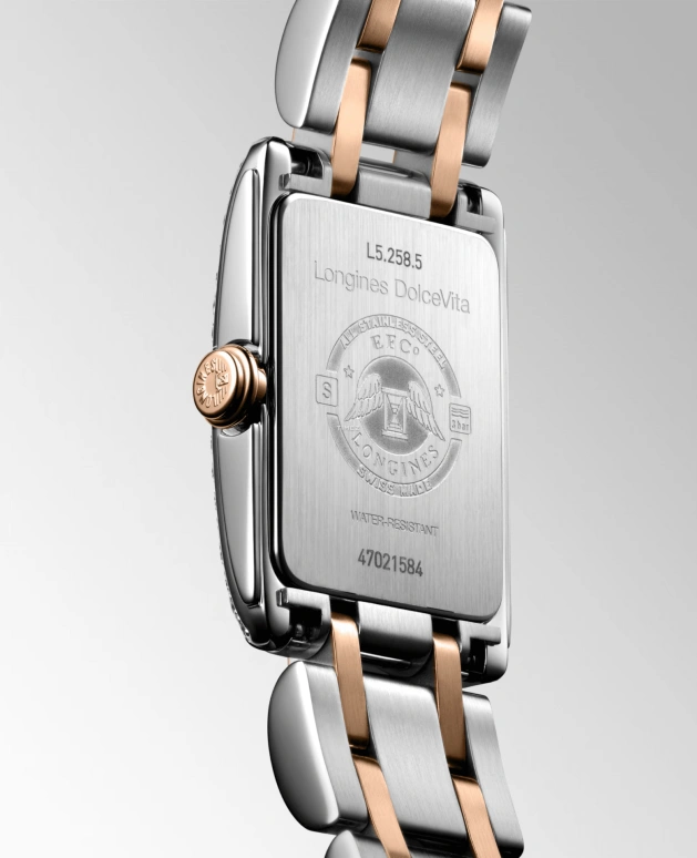 Longines,DolceVita 17.70x27mm,17.70x27mm,Stainless Steel,Rose Gold,Silver,Quartz,In-house Caliber,Sapphire,Crystal Glass,L5,L5.258.5.79.7