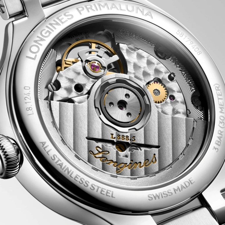 Longines,PrimaLuna 34mm,34mm,Stainless Steel,Silver,Automatic,Day,64hours,L8,L8.124.0.71.6