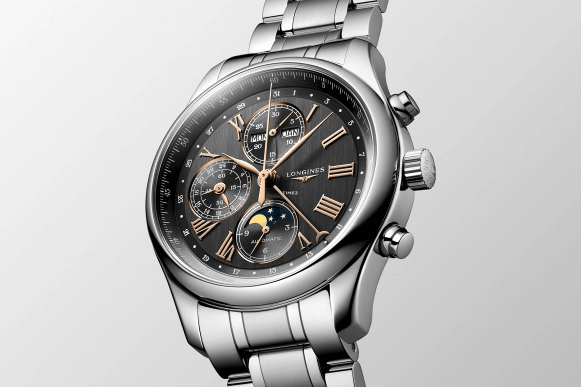 Longines,Master 42mm,42mm,Stainless Steel,Black,Automatic,Chronograph,Moonphase,Month,Date,54hours,In-house Caliber,L2,L2.773.4.61.6