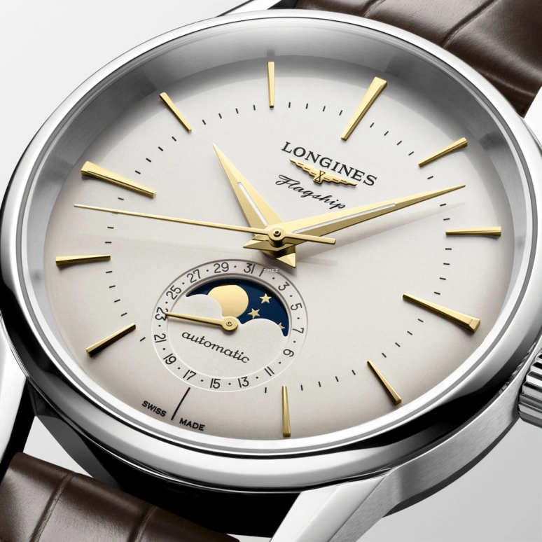 Longines,Flagship 38.50mm,38.50mm,Stainless Steel,Silver,Automatic,Moonphase,Day,L4,L4.815.4.78.2