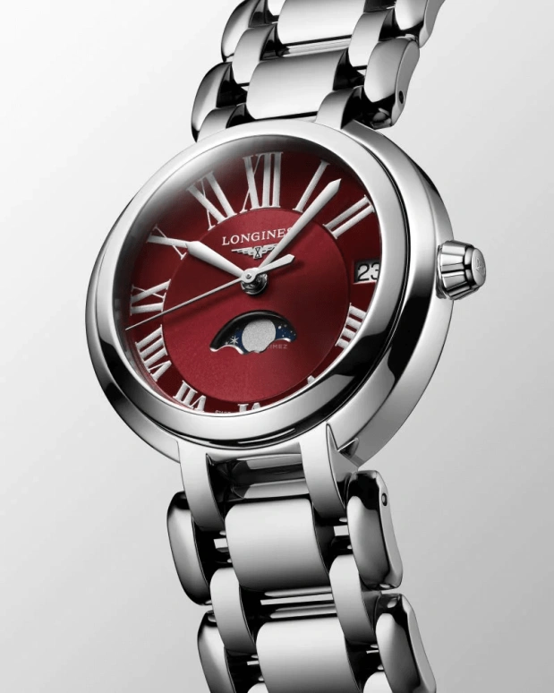 Longines,Elegant 30.50mm,30.50mm,Stainless Steel,Wine Red,Silver,Red,Quartz,In-house Caliber,Sapphire,L8,L8.115.4.92.6