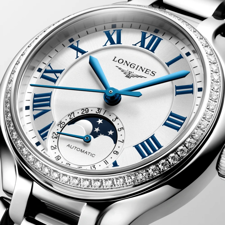 Longines,PrimaLuna 34mm,34mm,Stainless Steel,Silver,Automatic,Moonphase,Day,L8,L8.126.0.71.6