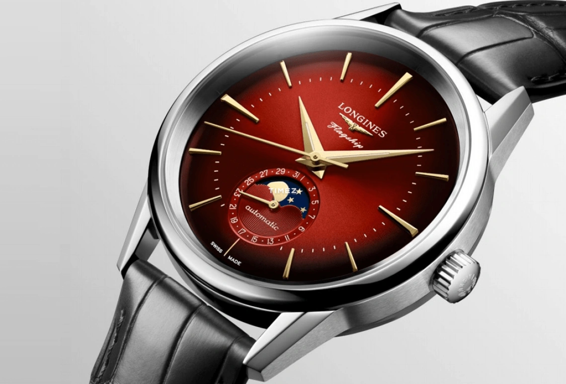 Longines,Heritage Classic 38.50mm,38.50mm,Stainless Steel,Red,Automatic,Moonphase,Day,L4,L4.815.4.09.2