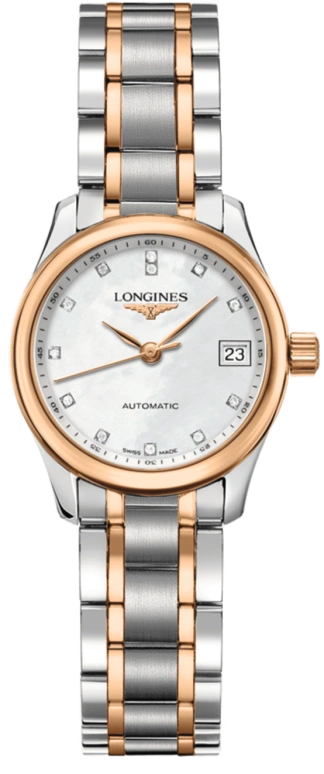 Longines,Master 25.50mm,25.50mm,Pink Gold,Stainless Steel,Pink,White,Automatic,Date,40hours,L2,L2.128.5.89.7