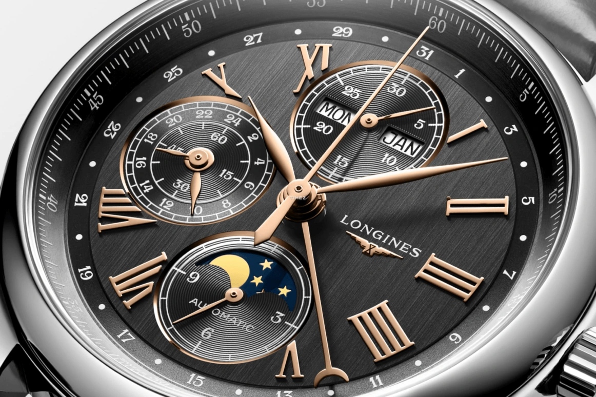 Longines,Master 42mm,42mm,Stainless Steel,Black,Automatic,Chronograph,Moonphase,Month,Date,54hours,In-house Caliber,L2,L2.773.4.61.2