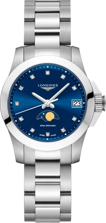 Longines,Conquest 29.50mm,29.50mm,Stainless Steel,Blue,Quartz,Moonphase,Date,L3,L3.380.4.97.6