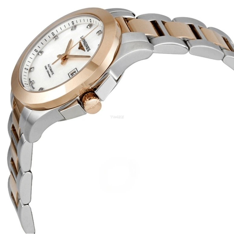 Longines,Conquest 29.50mm,29.50mm,Stainless Steel,Rose Gold,White,Automatic,Day,40hours,L3,L3.276.5.87.7