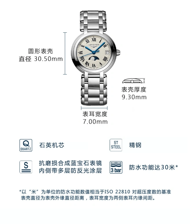 Longines,PrimaLuna 30.50mm,30.50mm,Stainless Steel,Silver,Quartz,Moonphase,Date,L8,L8.115.4.71.6