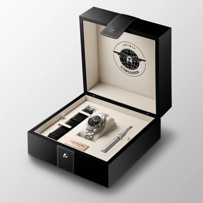 Longines,Spirit 39mm,39mm,Stainless Steel,Pink Gold,Black,Automatic,Day,Dule Time,GMT,Anti-magnetic,65hours,In-house Caliber,L3,L3.803.5.53.6