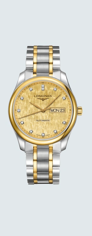 Longines,Master 38.50mm,38.50mm,Yellow Gold,Stainless Steel,Champagne,Automatic,Date,Day,L2,L2.755.5.38.7