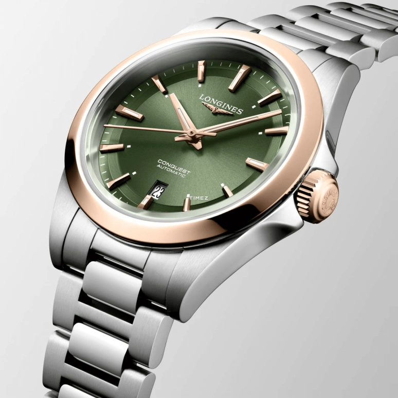 Longines,Conquest 30mm,30mm,Stainless Steel,Rose Gold,Green,Automatic,Day,40hours,L3,L3.320.5.02.6
