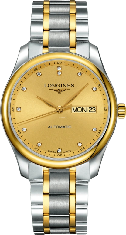 Longines,Master 38.50mm,38.50mm,Yellow Gold,Stainless Steel,Champagne,Automatic,Date,Day,L2,L2.755.5.37.7