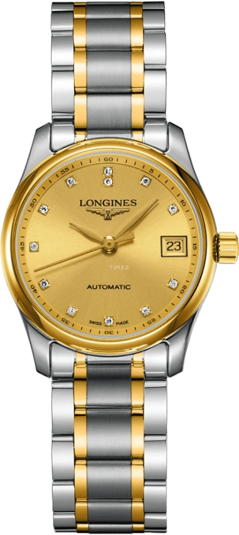 Longines,Master 29mm,29mm,Yellow Gold,Stainless Steel,Champagne,Automatic,Date,40hours,L2,L2.257.5.37.7