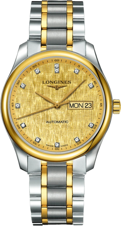 Longines,Master 38.50mm,38.50mm,Yellow Gold,Stainless Steel,Champagne,Automatic,Date,Day,L2,L2.755.5.38.7