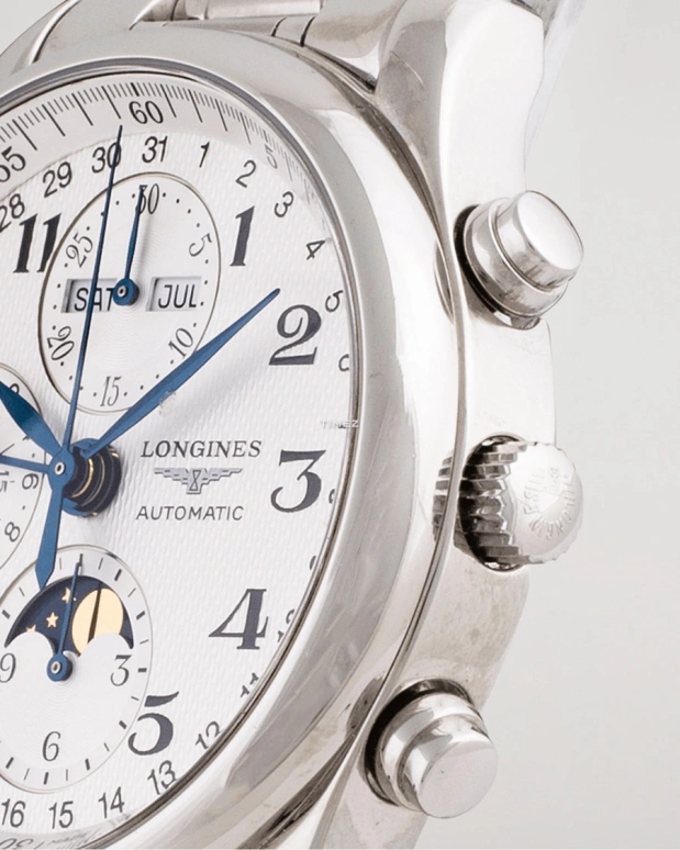 Longines,Master 40mm,40mm,Stainless Steel,White,Automatic,Chronograph,Moonphase,Month,Date,42hours,In-house Caliber,L2,L2.673.4.03.6