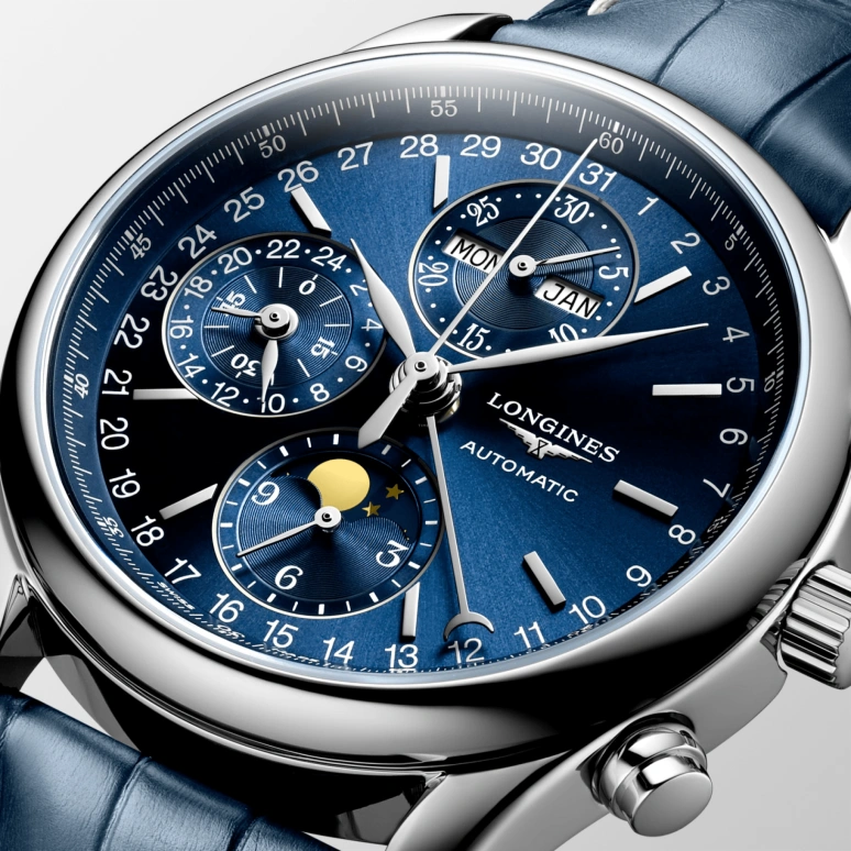 Longines,Master 40mm,40mm,Stainless Steel,Blue,Automatic,Chronograph,Moonphase,Month,Date,66hours,In-house Caliber,L2,L2.673.4.92.0