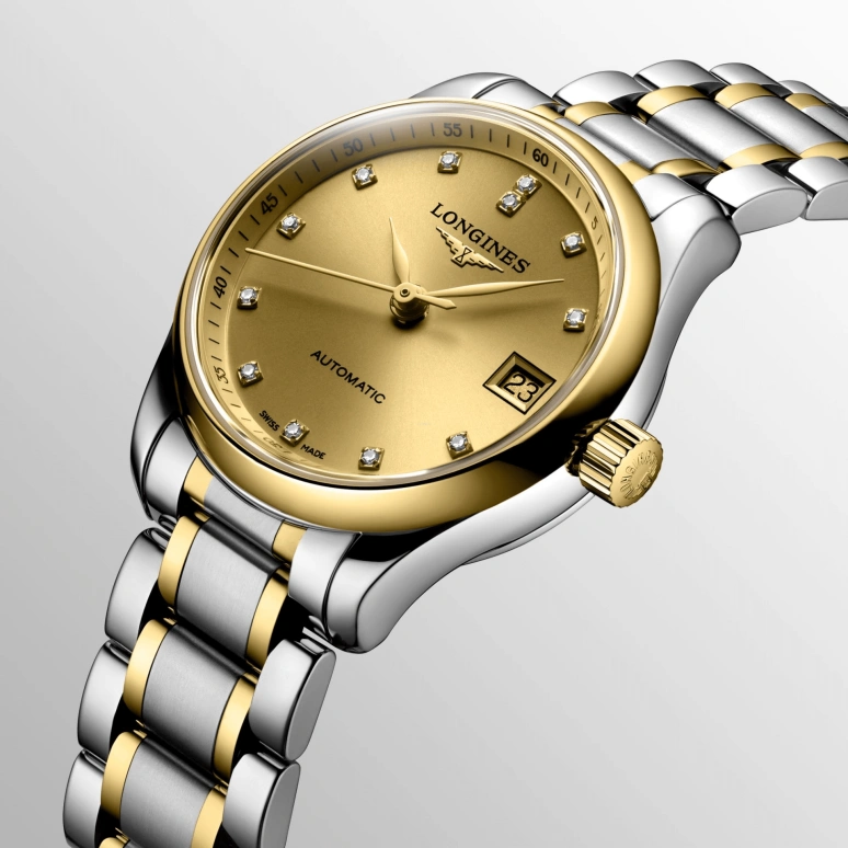 Longines,Master 25.50mm,25.50mm,Yellow Gold,Stainless Steel,Champagne,Automatic,Date,40hours,L2,L2.128.5.37.7