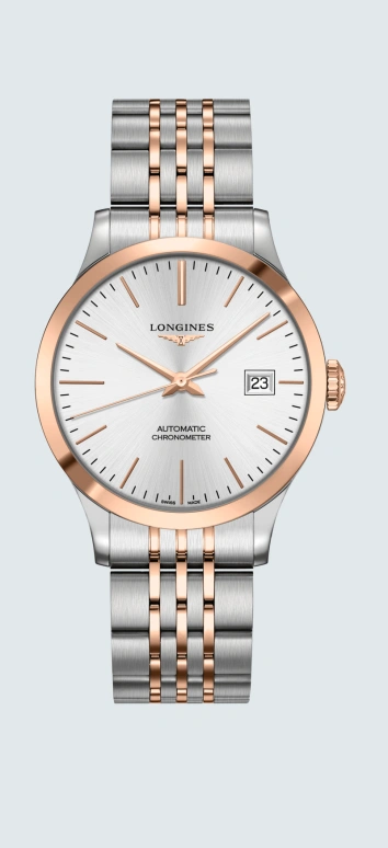 Longines,Record 38.50mm,38.50mm,Pink Gold,Stainless Steel,Silver,Automatic,Date,64hours,L2,L2.820.5.72.7