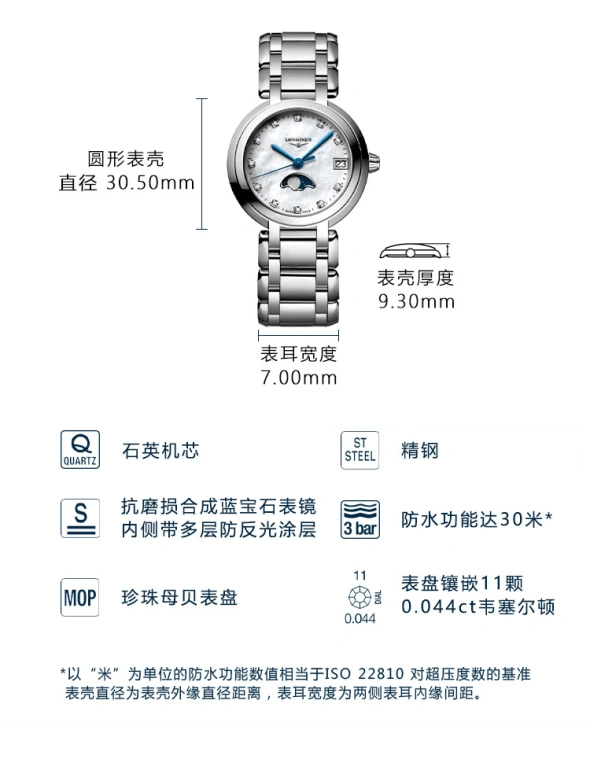 Longines,PrimaLuna 30.50mm,30.50mm,Stainless Steel,White,Quartz,Moonphase,Date,L8,L8.115.4.87.6